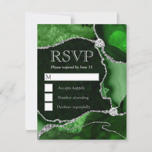グリーンエレガントとシルバーのフェイクグリッター大理石瑪瑙 出欠カード (正面)
