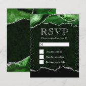 グリーンエレガントとシルバーのフェイクグリッター大理石瑪瑙 出欠カード (正面/裏面)