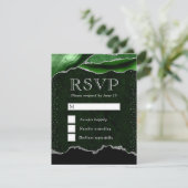 グリーンエレガントとシルバーのフェイクグリッター大理石瑪瑙 出欠カード (スタンド正面)