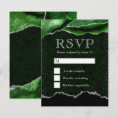 グリーンエレガントとシルバーのフェイクグリッター大理石瑪瑙 出欠カード (正面/裏面)