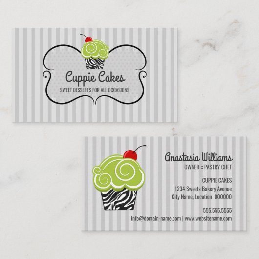 グリーンエレガントとゼブラパターンカップケーキベーキング 名刺 (正面/裏面)