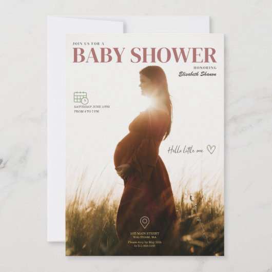 グリーンエレガントとブラウンのミニマリスト、写真付き 招待状 (正面)