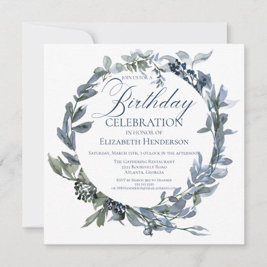 グリーンエレガントとブルーのフローラ誕生日招待状 (正面)