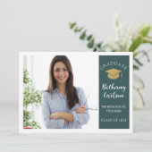 グリーンエレガントと金ゴールドの写真卒業パーティー 招待状 (スタンド正面)