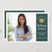 グリーンエレガントと金ゴールドの写真卒業パーティー 招待状 (正面/裏面)