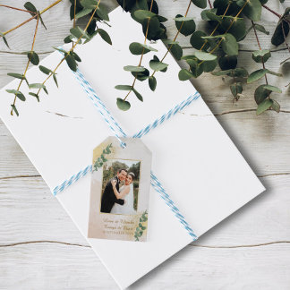 グリーンエレガントと金ゴールドの写真結婚の ギフトタグ