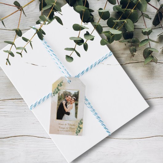 グリーンエレガントと金ゴールドの写真結婚の ギフトタグ