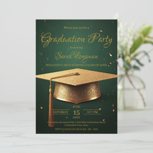 グリーンエレガントと金ゴールドの卒業お祝い 招待状 (スタンド正面)