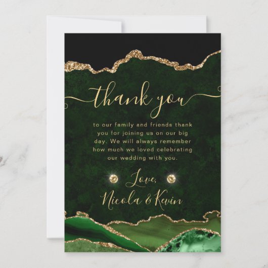 グリーンエレガントと金ゴールドグリッターアゲ結婚ート サンキューカード (正面)