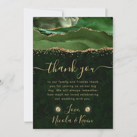 グリーンエレガントと金ゴールドグリッターアゲ結婚ート サンキューカード (正面)