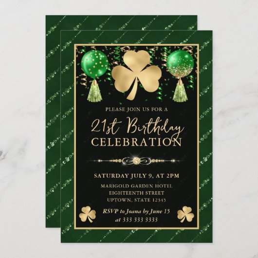 グリーンエレガントと金ゴールドシャムロック21歳の誕生日 招待状 (正面/裏面)