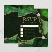 グリーンエレガントと金ゴールドフェイクグリッター大理石瑪瑙 出欠カード (正面/裏面)