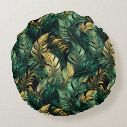 グリーンエレガントと金ゴールドモンステラ離れズ ラウンドクッション (裏面)