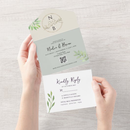 グリーンエレガントと金ゴールド結婚ズ オールインワン招待状 (貼ってはがせる)