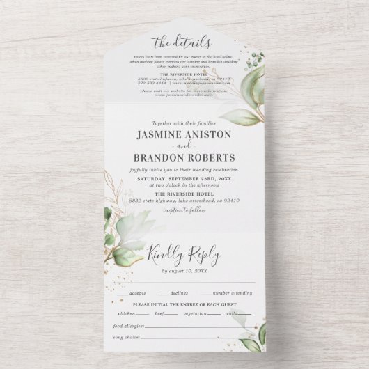 グリーンエレガントと金ゴールド結婚ズ オールインワン招待状 (内側)