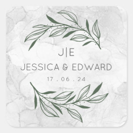 グリーンエレガントなウェディングウォーター色のフローラカップル スクエアシール