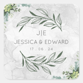 グリーンエレガントなウェディングウォーター色のフローラカップル スクエアシール