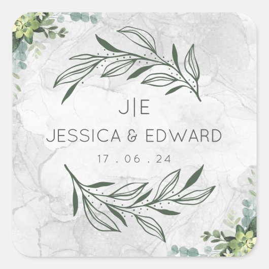 グリーンエレガントなウェディングウォーター色のフローラカップル スクエアシール (正面)
