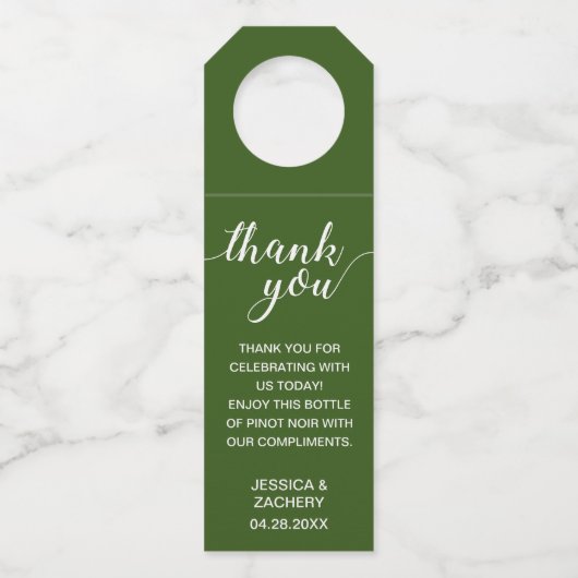 グリーンエレガントの上に白く結婚ありがとう ボトルネックタグ (正面)