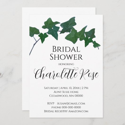 グリーンエレガントイングリッシュアイビーブライダルシャワー 招待状 (正面/裏面)