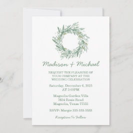 グリーンエレガントウィンターボタニカルリース結婚ズ 招待状