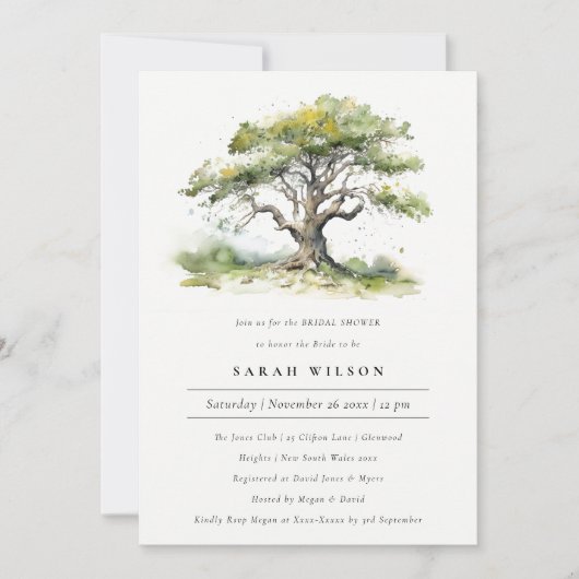 グリーンエレガントウォーターカラーオークツリーブライダルシャワー 招待状 (正面)