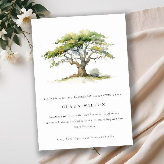 グリーンエレガントウォーターカラーオークツリー誕生日 招待状