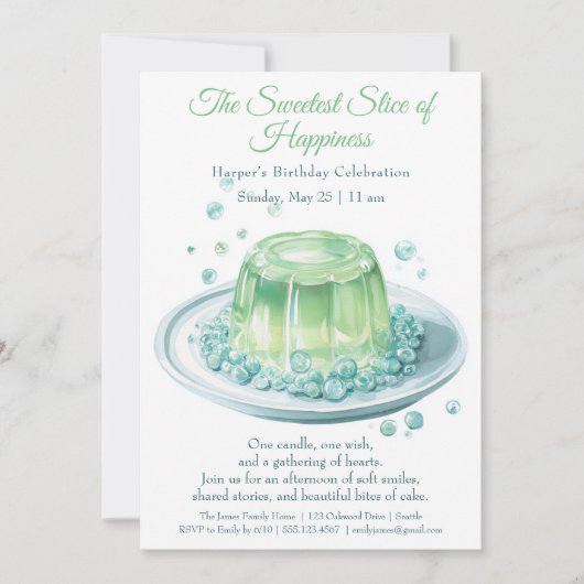 グリーンエレガントウォーターカラーケーキ誕生日招待状 招待状 (正面)