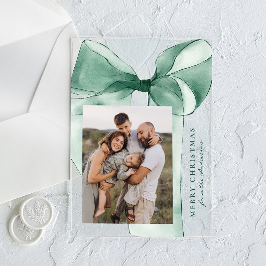 グリーンエレガントウォーターカラーボーフォトホリデーカード アクリル招待状