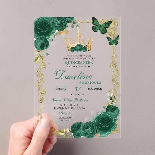 グリーンエレガントエメラルドクラウンキンセアニェラ アクリル招待状 (インサイチュ (ポータブル))