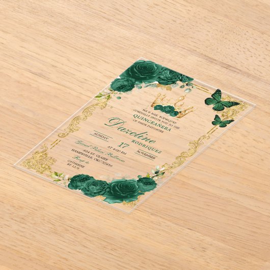 グリーンエレガントエメラルドクラウンキンセアニェラ アクリル招待状 (レイダウン)