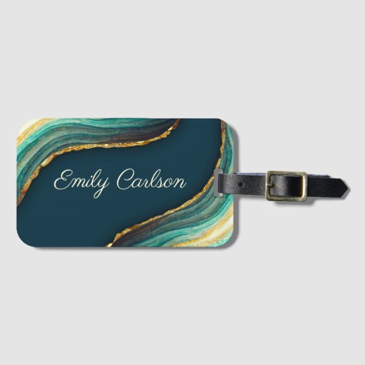 グリーンエレガントエメラルド大理石アーフェイクト金ゴールドグリッター ラゲッジタグ (正面横)