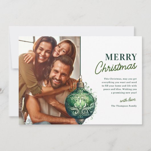 グリーンエレガントオーナメントフォトクリスマス シーズンカード (正面)