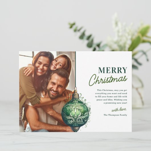 グリーンエレガントオーナメントフォトクリスマス シーズンカード (スタンド正面)
