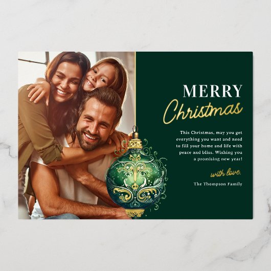 グリーンエレガントオーナメントフォトクリスマス 箔シーズンカード (正面)