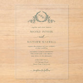 グリーンエレガントクラウン王室のリースモノグラム アクリル招待状 (正面)