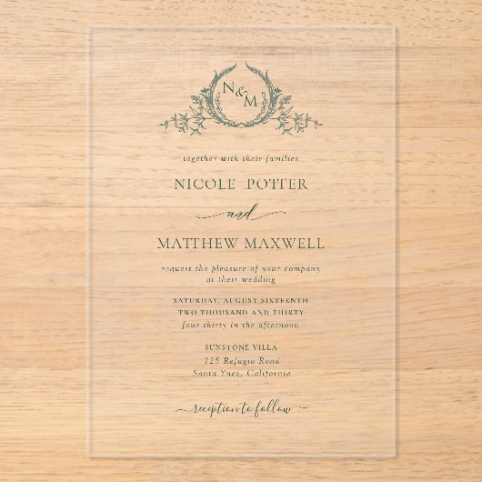 グリーンエレガントクラウン王室のリースモノグラム アクリル招待状 (正面)