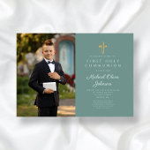 グリーンエレガントクロス写真少年ファースト・コミュニオン 招待状