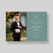 グリーンエレガントクロス写真少年ファースト・コミュニオン 招待状