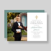 グリーンエレガントクロス写真少年ファースト・コミュニオン 招待状