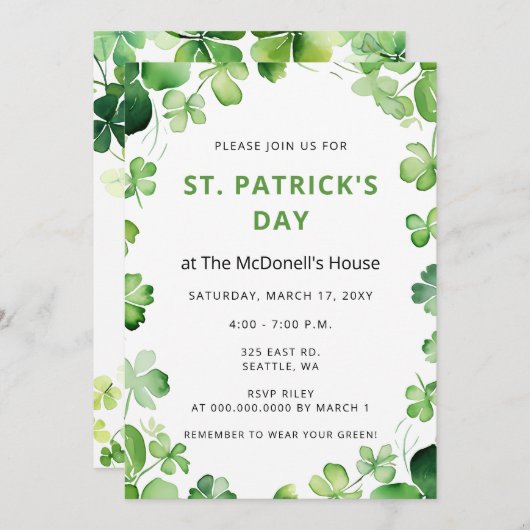 グリーンエレガントクローバーシャムロックSt patricks day 招待状 (正面/裏面)