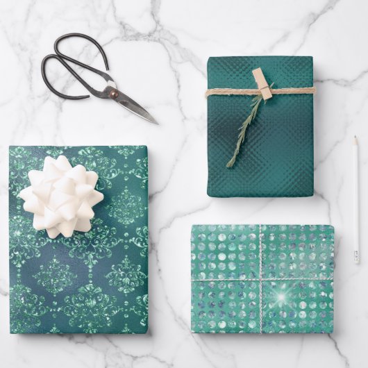 グリーンエレガントグリッターダマスクギフト ラッピングペーパーシート (正面)