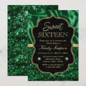 グリーンエレガントサテン&グリッター金ゴールドフレームスウィート16 招待状 (正面/裏面)