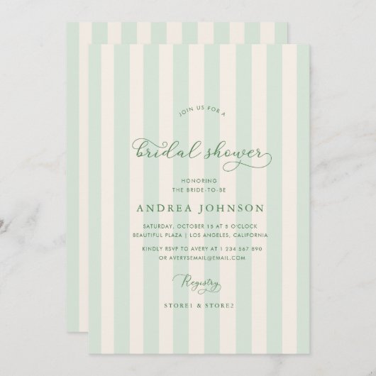 グリーンエレガントストライプカントリークラブブライダルシャワー 招待状 (正面/裏面)