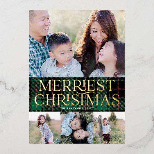 グリーンエレガントタータンチェッククリスマスフォトフォイルカード 箔シーズンカード (正面)