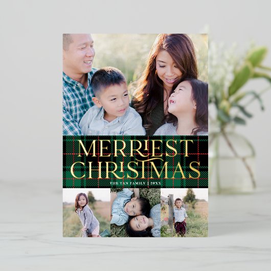 グリーンエレガントタータンチェッククリスマスフォトフォイルカード 箔シーズンカード (立ち正面)