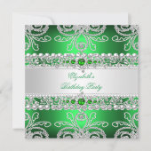 グリーンエレガントダイアモンズシルバーフローラ誕生日 招待状 (正面)
