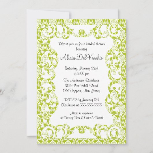 グリーンエレガントダマスクブライダルシャワーの招待 招待状 (正面)