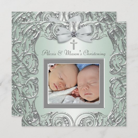 グリーンエレガントツインズ写真《キリスト教》洗礼式や命名式招待状 招待状 (正面/裏面)