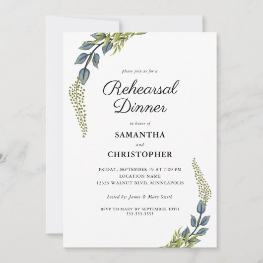グリーンエレガントティール（緑がかった色）とグリーンリハーサルディナー 招待状 (正面)